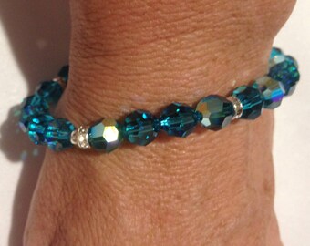 Preciosa AB 8mm Round Bracelet, Blue Zircon AB Crystal Bracelet, Teal AB Stretch Bracelet