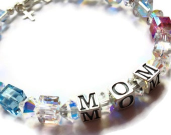 Sterling MOM Bracelet, Mother's Day Gift, Mommy Bracelet, Birthstone Bracelet, Name Bracelet, Custom Bracelet, Crystal Bracelet