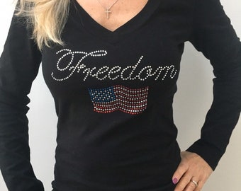 Rhinestone Freedom with American Flag T Shirt, Patriotic Rhinestone T shirt, Americana Sparkle T Shirt, Limited Edition