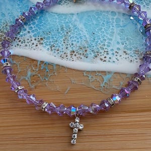 Lavender Crystal Anklet with Cross, Summer Jewelry, Crystal Anklet, Faith Jewelry,  On Sale