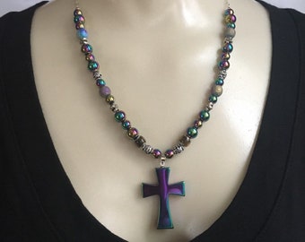 Sale, Rainbow Hemalyke Cross Necklace, Mood Bead Necklace, Rainbow Beaded Necklace, Faith Necklace, Free Shipping