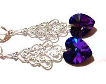 Crystal Heart Earrings, Chandeliers, Heliotrope Heart, Swarovski Earrings, Valentine's Day Jewelry, Filagree Earrings