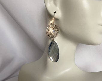 Crystal Blue Shade Drop Earrings, Crystal Blue Earrings. Long Crystal Earrings