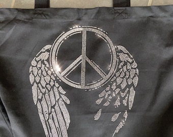 Sparkle Tote Bag, Rhinestone Peace Sign with Wings, Beach Bag