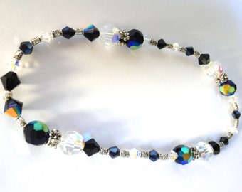 Black Anklet, Beaded Anklet, Ankle Bracelet, Crystal Body Jewelry, Beachy Jewelry, Crystal Anklet, Tibetan Silver