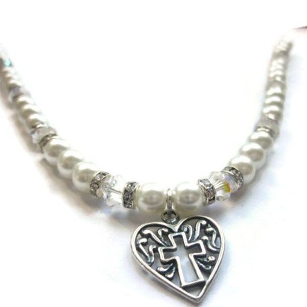 Swarovski Pearl Necklace, Pearl and Crystal Necklace, Sterling Silver Cross in a Heart, Faith Gift