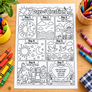 May include: A black and white coloring page titled 7 Days of Creation, featuring seven distinct panels illustrating biblical creation events from Day 1 to Day 7, including sun, moon, stars, animals, people, and text describing each day's theme.