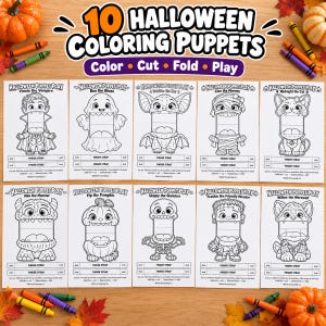 Pode incluir: Um conjunto de 10 marionetas de Halloween para colorir com personagens como vampiro, fantasma, morcego, múmia, gato, monstro, abóbora, esqueleto e lobisomem, incluindo o texto 10 Halloween Coloring Puppets.