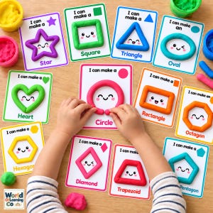 Puede incluir: Un conjunto de tarjetas educativas de formas con figuras de arcilla de colores. Cada tarjeta presenta texto como I can make a star, square, triangle, oval, heart, circle, rectangle, octagon, hexagon, diamond, trapezoid y pentagon con formas de arcilla.