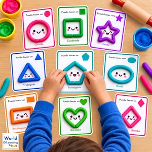 May include: A set of educational cards featuring colourful playdough shapes including a circle, square, star, triangle, pentagon, oval, rectangle, heart, and rhombus. Each card displays the shape name and the text 'Puedo hacer un' or 'Puedo hacer una'.