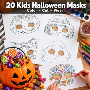 May include: A set of 20 kids Halloween masks featuring black and white line art designs of a pumpkin, witch, cat, ghost, and sugar skull. The text 20 Kids Halloween Masks Color - Cut - Wear is printed at the top of the page.