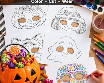 Può includere: Un set di 20 maschere di Halloween per bambini con disegni al tratto in bianco e nero di una zucca, una strega, un gatto, un fantasma e un teschio di zucchero. Il testo 20 Kids Halloween Masks Color - Cut - Wear è stampato in alto.