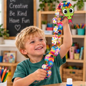 May include: A paper chain snake craft featuring a green head with large white eyes and a red tongue, connected to a long body made of colorful, patterned paper loops in shades of blue, pink, orange, yellow, and purple, creating a segmented toy.
