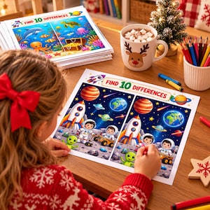 Könnte beinhalten: Ein gedrucktes Arbeitsblatt mit dem Titel FIND 10 DIFFERENCES, das eine Weltraum-Illustration mit Raketen, Planeten, Astronauten und einem Alien auf einer Mondoberfläche für ein visuelles Suchspiel zeigt.