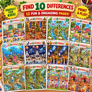 12 Fun Spot the Difference Printable Puzzles | Montessori STEM Activity | Kids Brain Games | School & Homeschool, Digital Download PDF