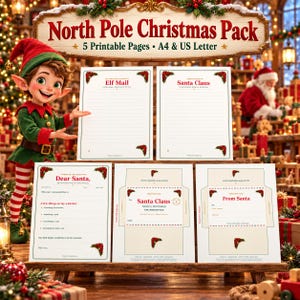 Könnte beinhalten: Ein Nordpol-Weihnachtspaket mit 5 druckbaren Seiten in A4 und US-Letter-Format. Das Set enthält Briefpapier für Elfenpost, Briefe vom Weihnachtsmann, eine Wunschliste sowie zwei Umschlagvorlagen mit festlichen Stechpalmen-Verzierungen.