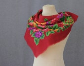 red Russian scarf, floral wool scarf, folk art, wool muffler, neckerchief, small square wool scarf, ethnic scarf Russian art, neck warmer