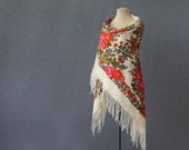 off white Russian shawl with flower garlands and fringe, made in Pavlovoposad, perfect for a rustic wedding