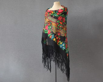 Black Russian shawl | Hand block printed floral wool throw | Collectable Shawl