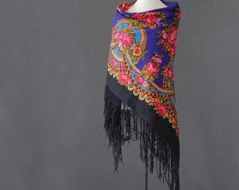 Blue Russian shawl with pink roses and sophisticated ornaments AS IS