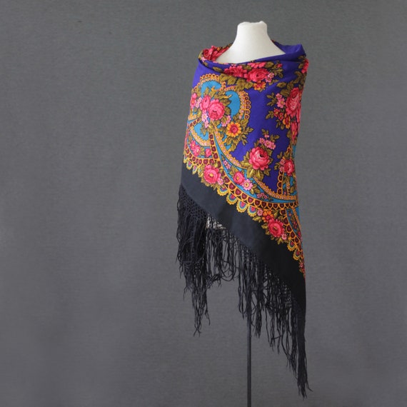Blue Slavic shawl with pink roses and sophisticat… - image 1