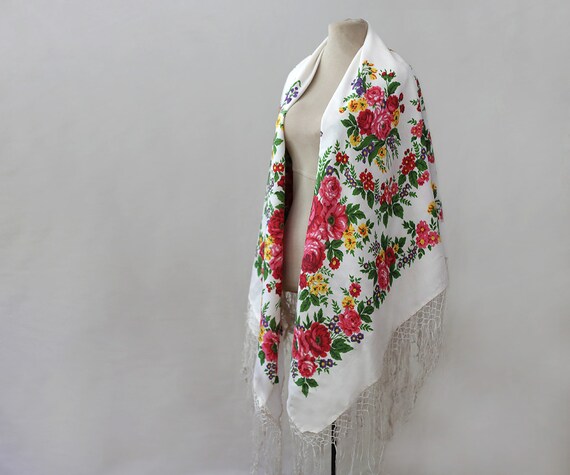 white Russian shawl, silk shawl, tasseled shawl, s