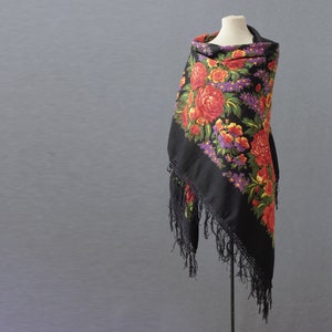 black Slavic cotton shawl with roses and pansies, new old stock, perfect for summer or autumn