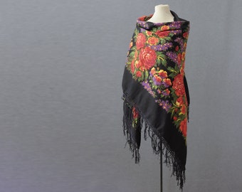 black Russian cotton shawl with roses and pansies, new old stock, perfect for summer or autumn