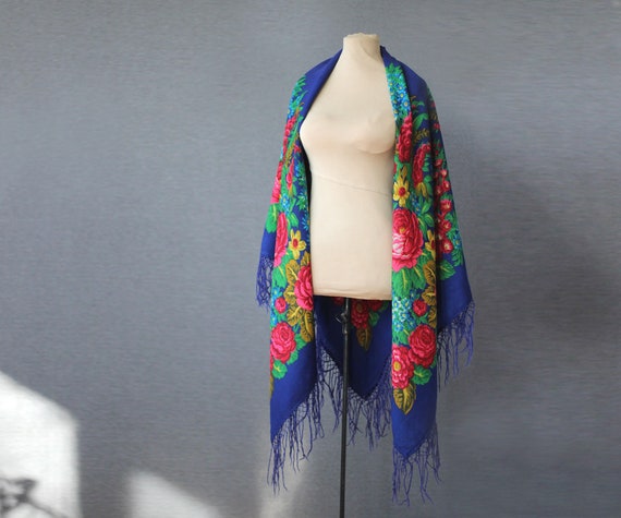 blue Russian shawl with green pink, oversized shaw