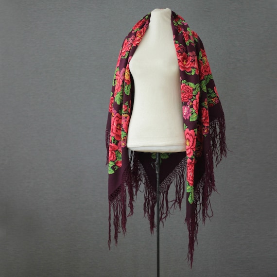 Bordeaux Russian shawl with defects | Hand block … - image 1