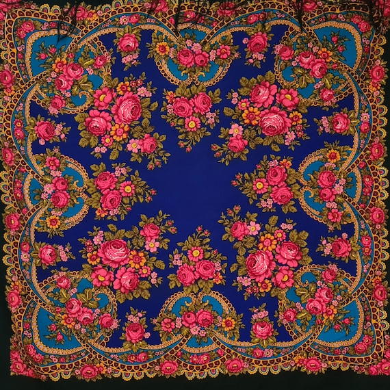 Blue Slavic shawl with pink roses and sophisticat… - image 10