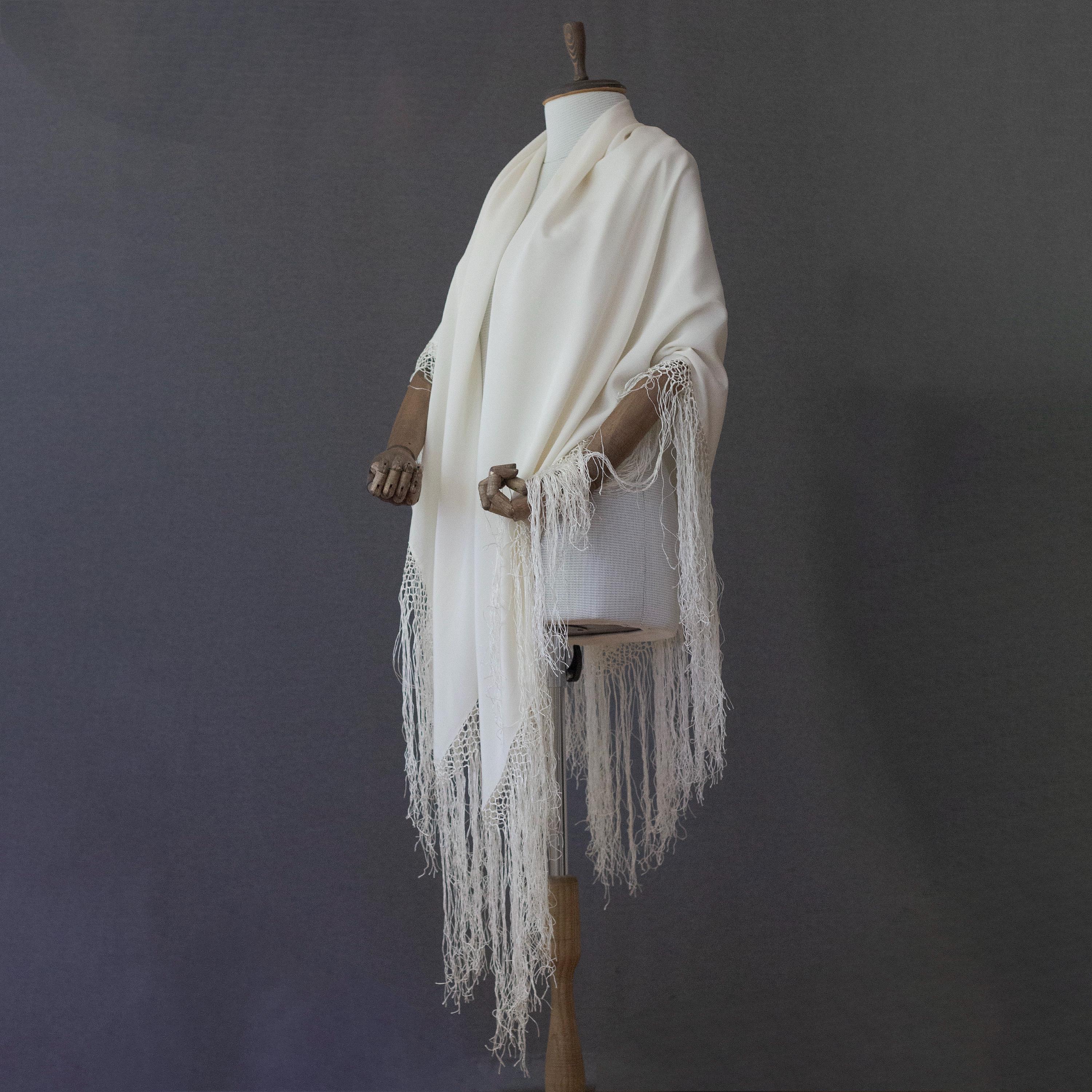 Large Silk Fringed Shawl, Cream Silk Shawl, Piano Shawl