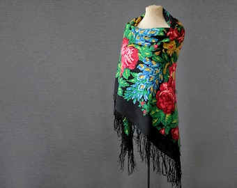 Black Russian shawl with bright pink roses and sword lilies, a perfect bohemian accessory