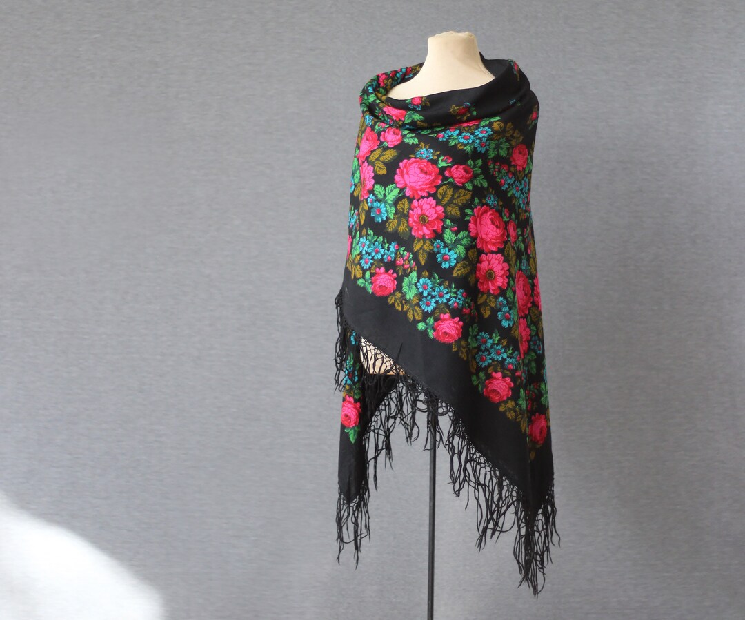 Black Slavic Shawl With Pink Rose Borders | Folk Wool Throw - Etsy