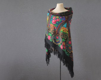 Black Slavic shawl with gazelles and roses | Pavlovo Posad shawl NWOT