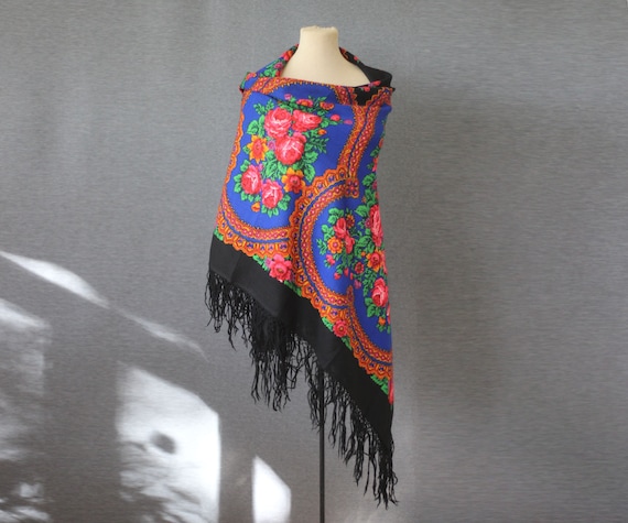 blue Russian shawl, oversized wool throw, indigo s