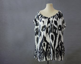 black and white ikat blouse, kimono sleeve blouse, boat neck tunic, silk kimono blouse, loose silk shirt