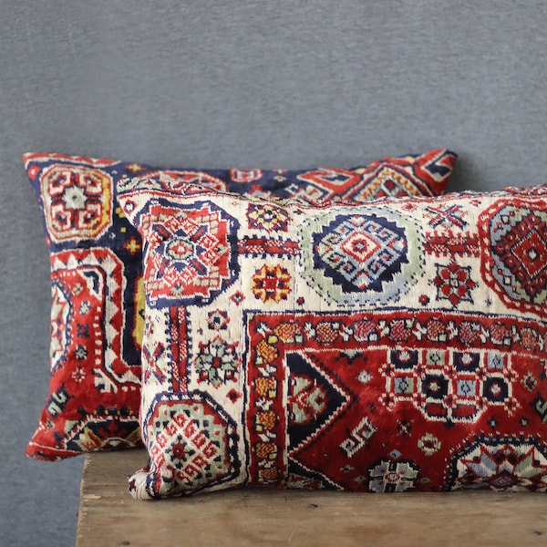 oriental rug pillows, 12 x 18, SET OF TWO,  decorative kilim cushions, lumbar, in red, blue and cream, ethnic style