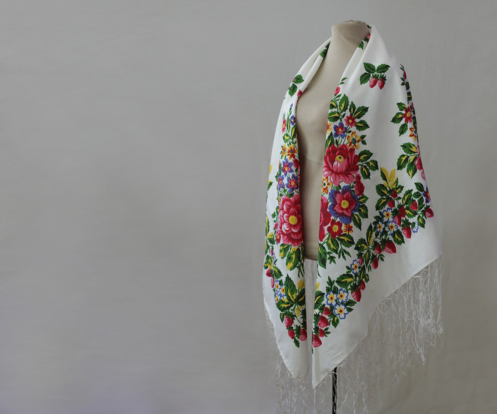 White silk Russian shawl silk shawl with strawberries garden | Etsy