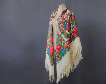 Off White Russian Wool Shawl, Roses and Pansies, Art Nouveau Throw - Etsy
