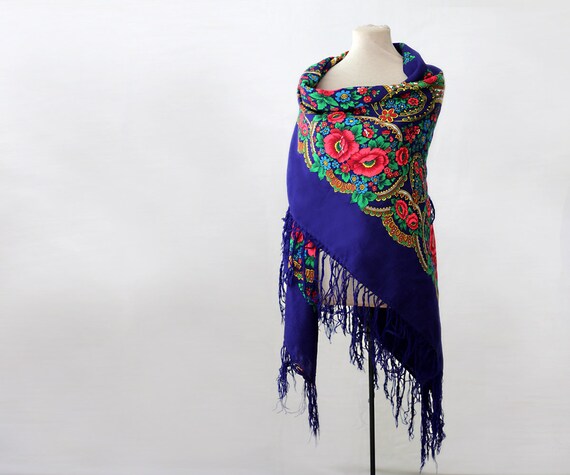 blue Russian shawl with green pink, oversized shaw
