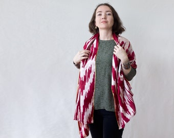 silk wrap, silk stole, silk throw, silk ikat scarf, marsala scarf, Uzbek ikat scarf, Uzbek silk scarf, patterns will vary