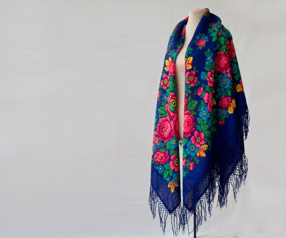reserved blue Russian shawl with green and pink, o