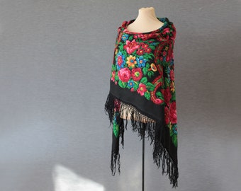 black Russian shawl, oversized wool throw, floral shawl, shawl with lilies and roses