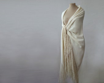 large silk fringed shawl, cream silk shawl, piano shawl, silk challis, bohemian, oversized silk shawl, cream, off white, silk tassels