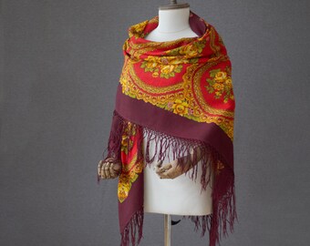 Red and yellow Russian shawl with ornamental border and flowers | New with tag