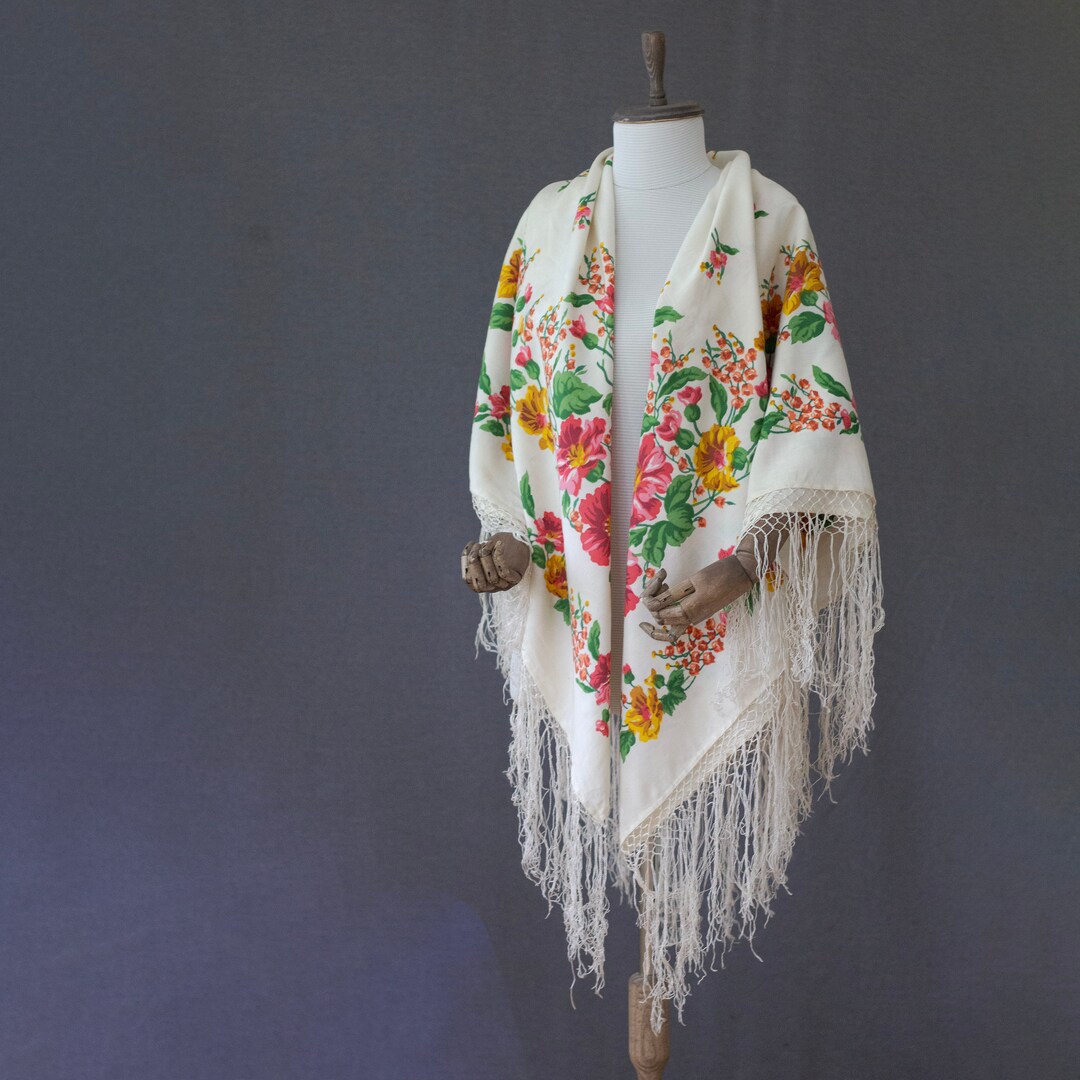 Silk Slavic Shawl White Shawl With Poppies and Field Flowers ...