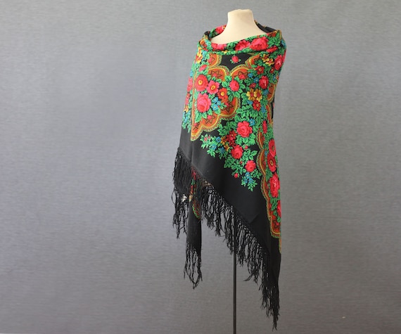 black Russian shawl with roses and ornament, piano