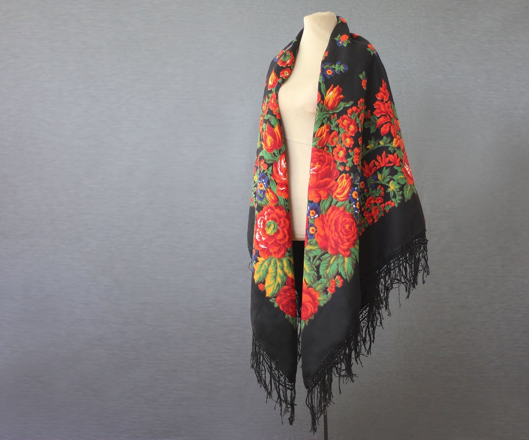 Black Slavic Cotton Shawl With Tulips and Dahlias, New Old Stock, Vegan ...