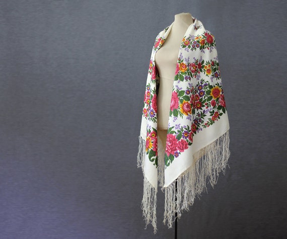 white silk Russian shawl with floral garlands mad… - image 2